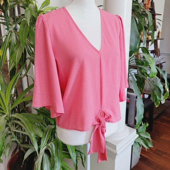 1 State Sz Medium Blouse Cherry Blossom Pink Tie Front V Neck Kimono Sleeve NEW - Picture 3 of 9